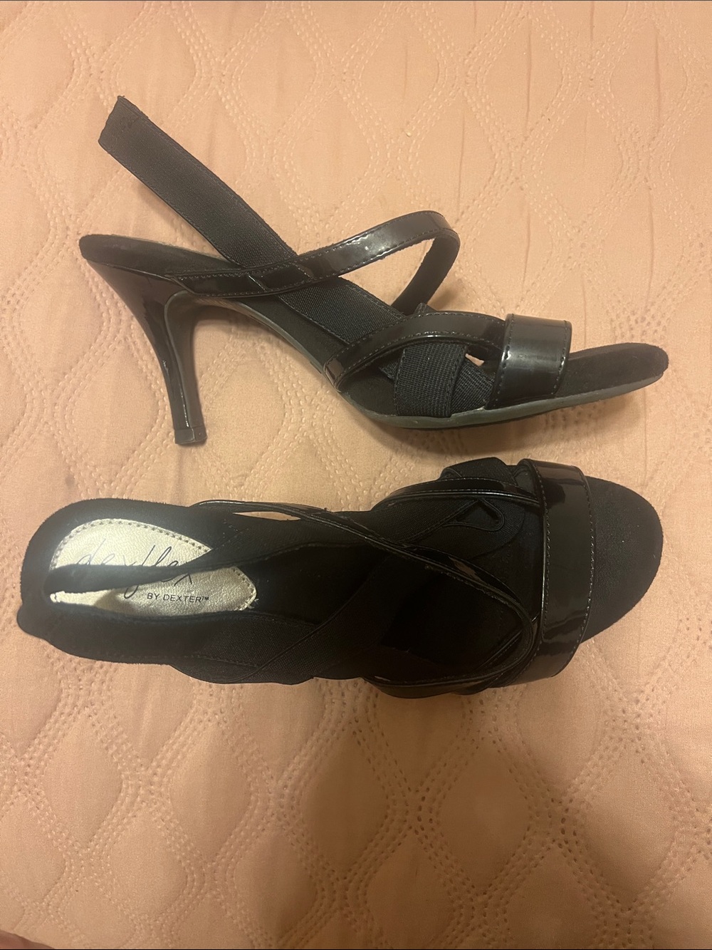 Dexter Black Patent & Fabric Strappy Heels